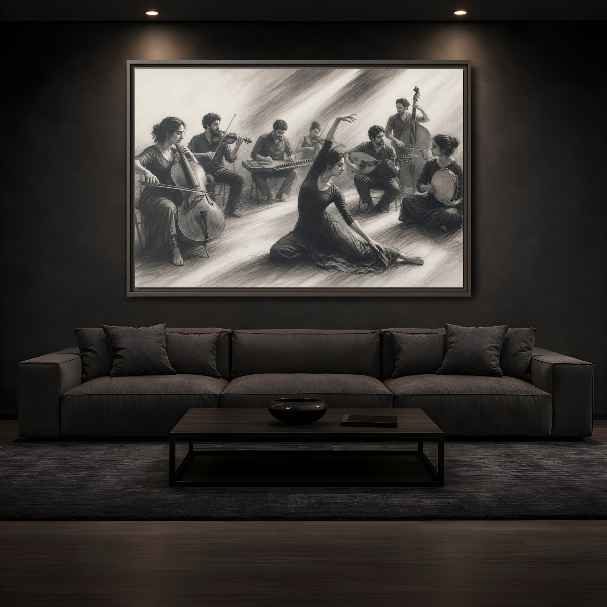Mockup 3. Vintage Dancer, Musicians Monochrome Performance shown as framed canvas print