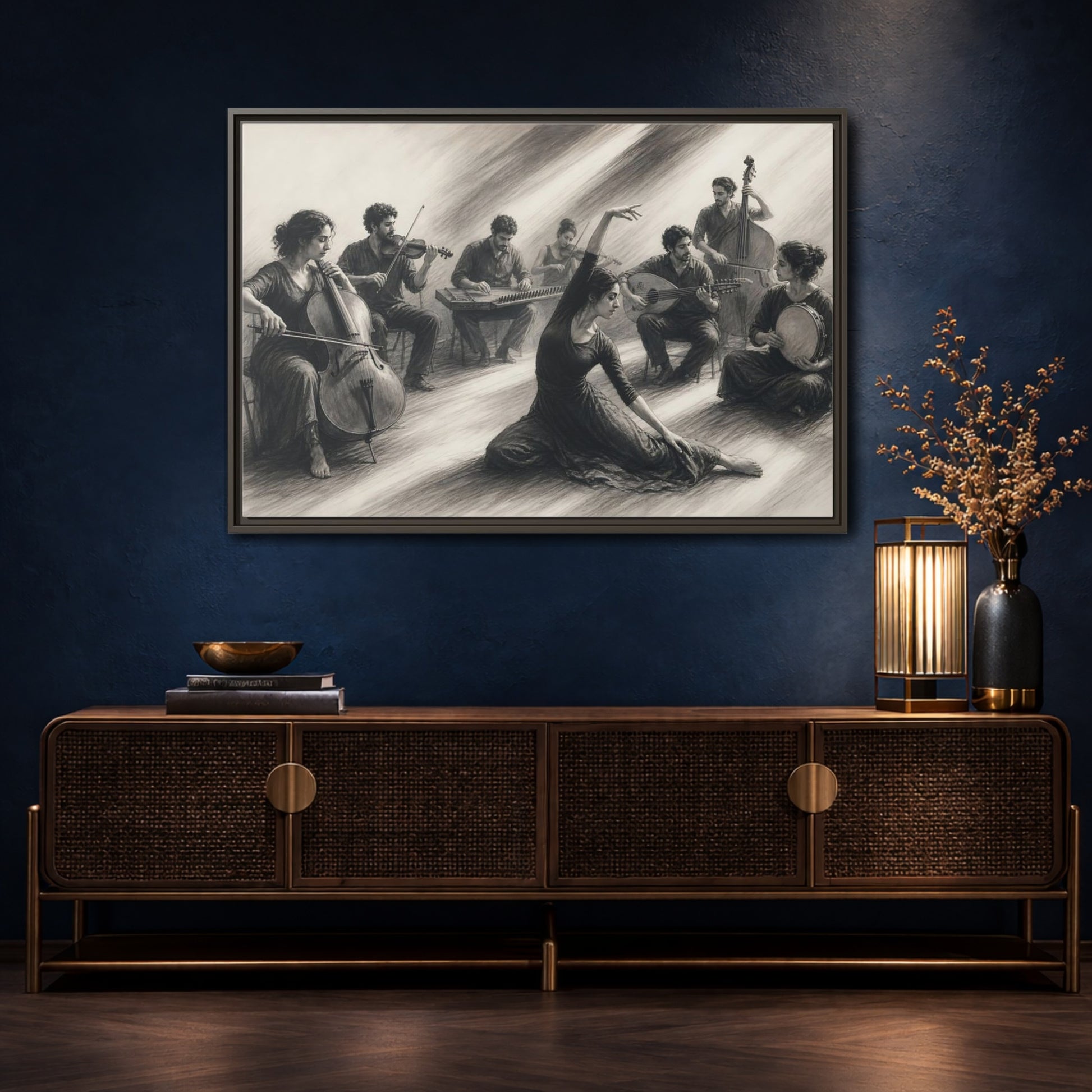 Mockup 4. Vintage Dancer, Musicians Monochrome Performance shown as framed canvas print