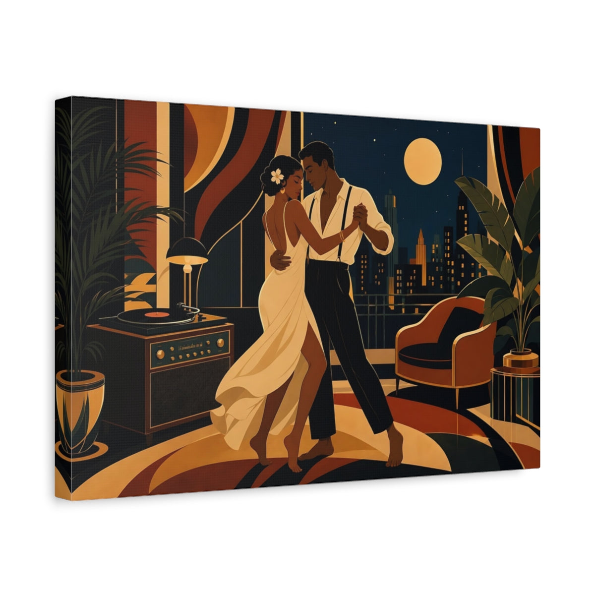 Side Mockup 4. Vintage Dancing Couple Art Deco Midnight Dance shown as canvas print