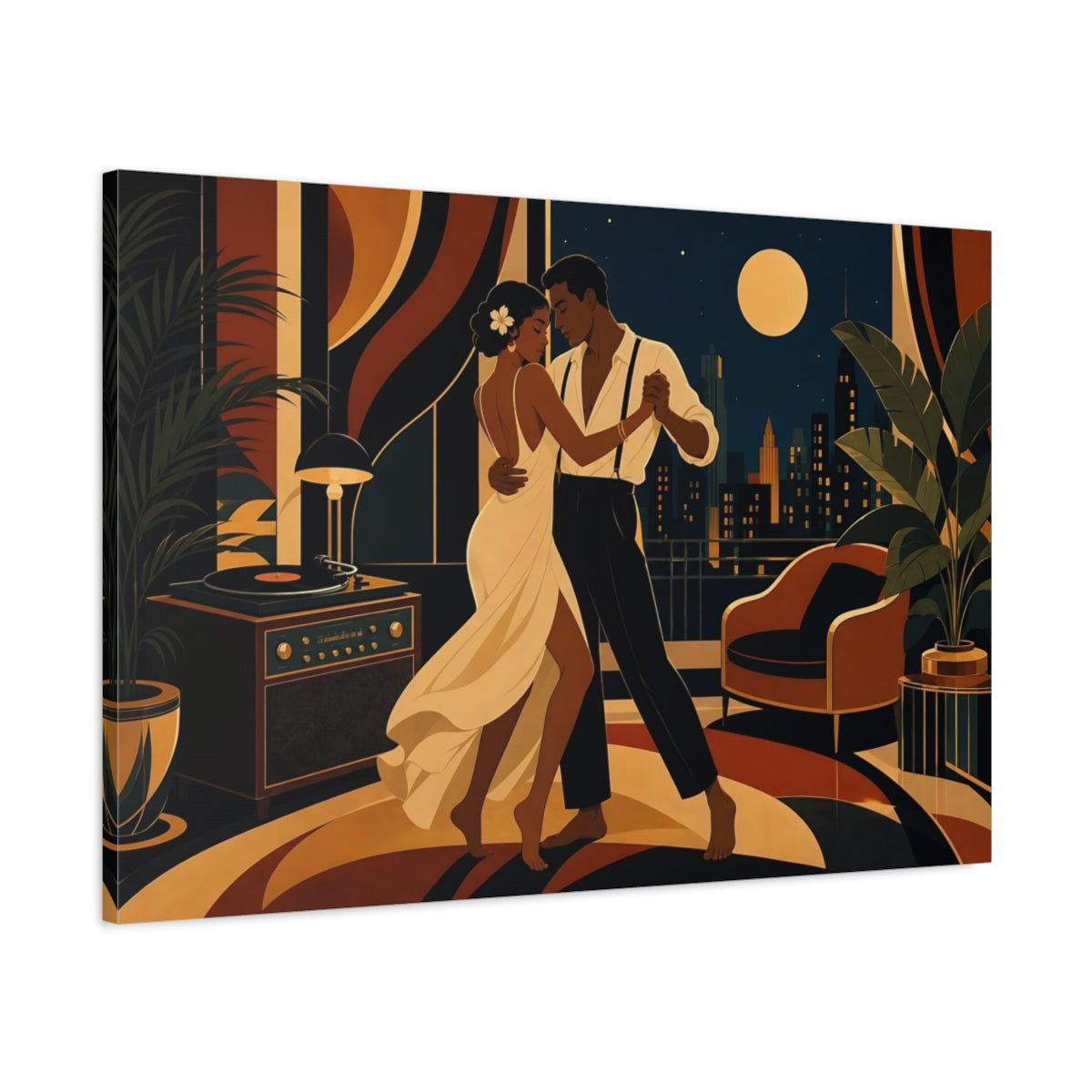 Main Mockup. Vintage Dancing Couple Art Deco Midnight Dance shown as canvas print