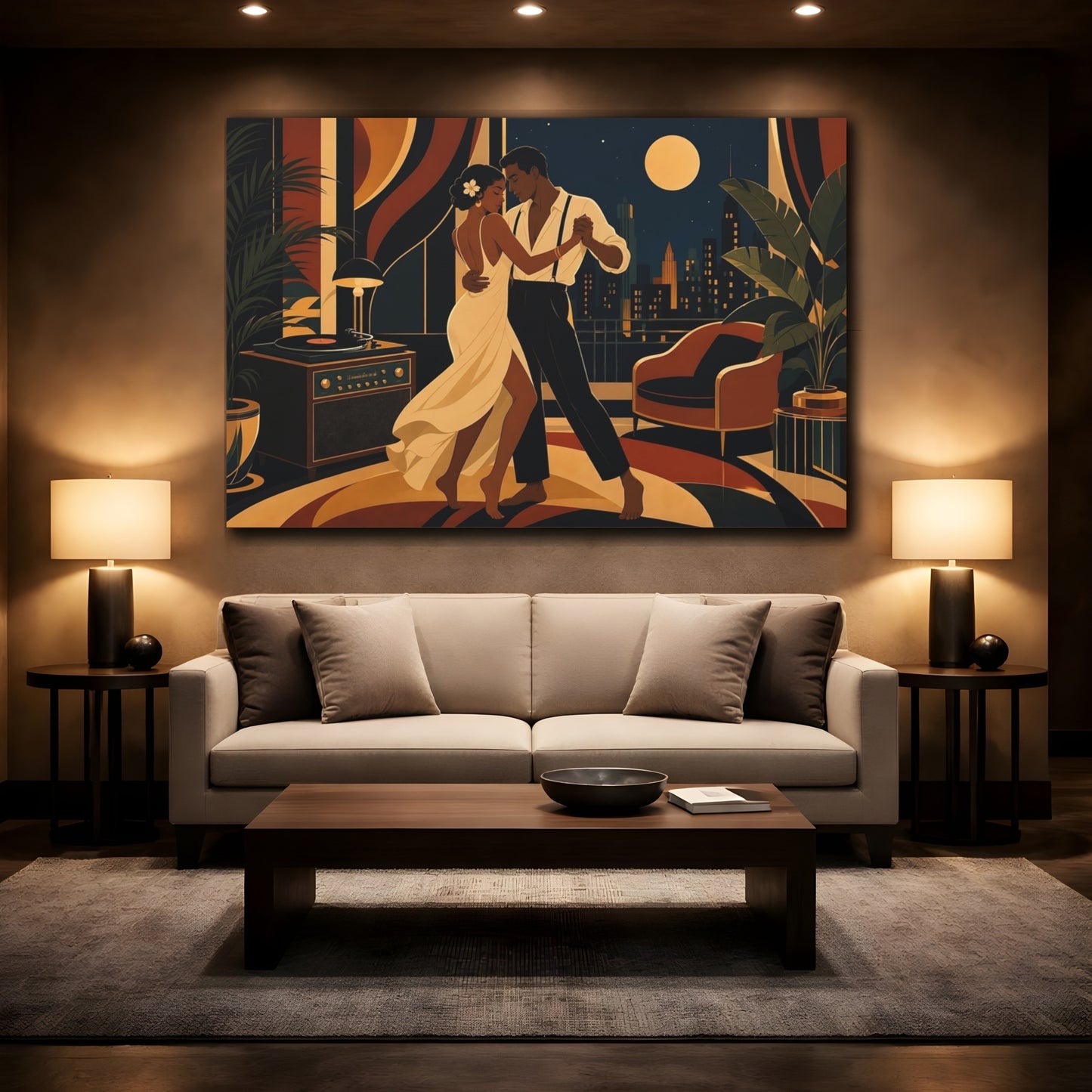 Mockup 2. Vintage Dancing Couple Art Deco Midnight Dance shown as canvas print