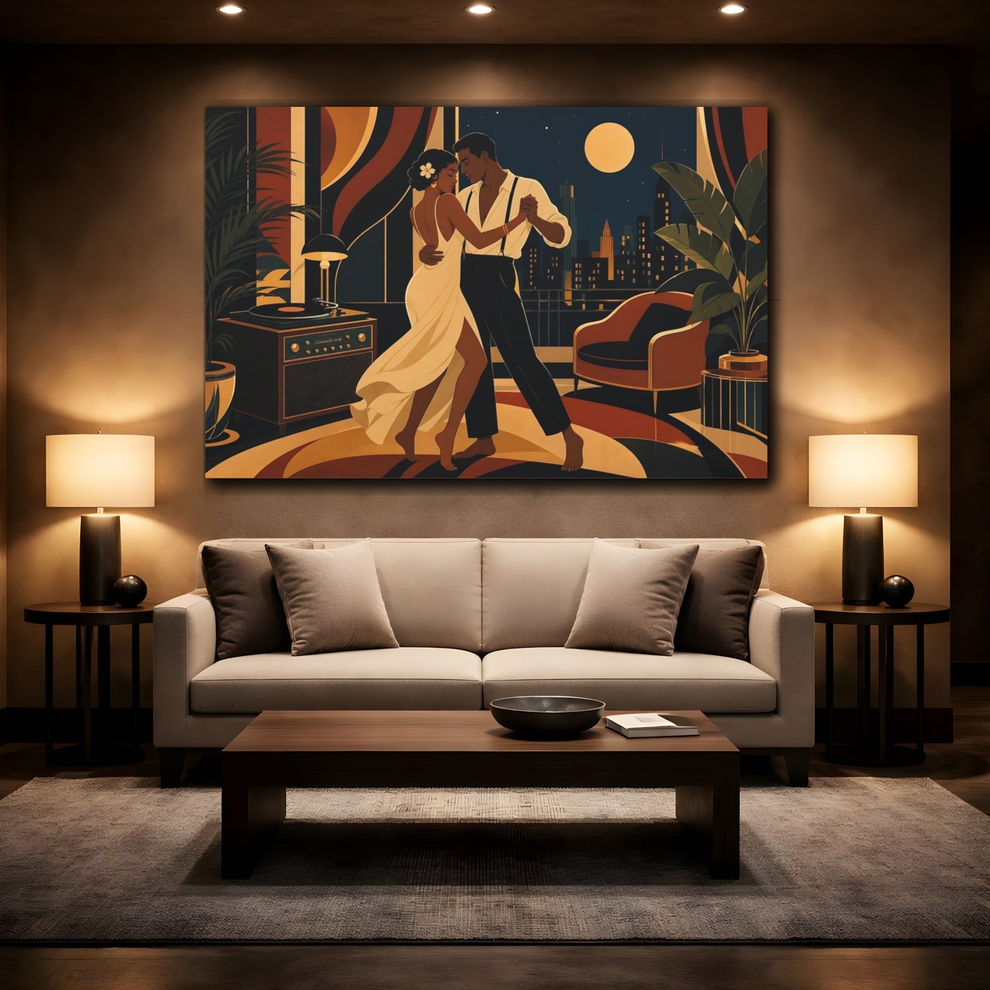 Mockup 2. Vintage Dancing Couple Art Deco Midnight Dance shown as canvas print