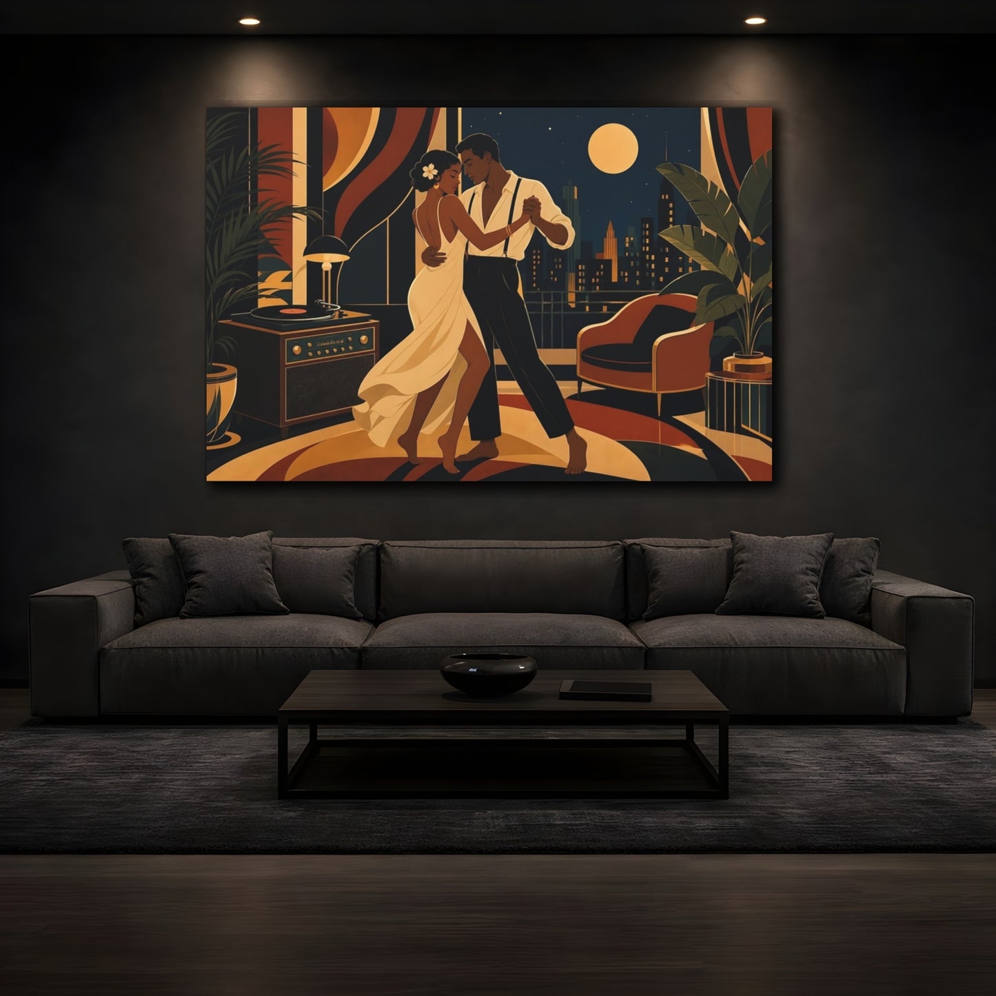 Mockup 3. Vintage Dancing Couple Art Deco Midnight Dance shown as canvas print