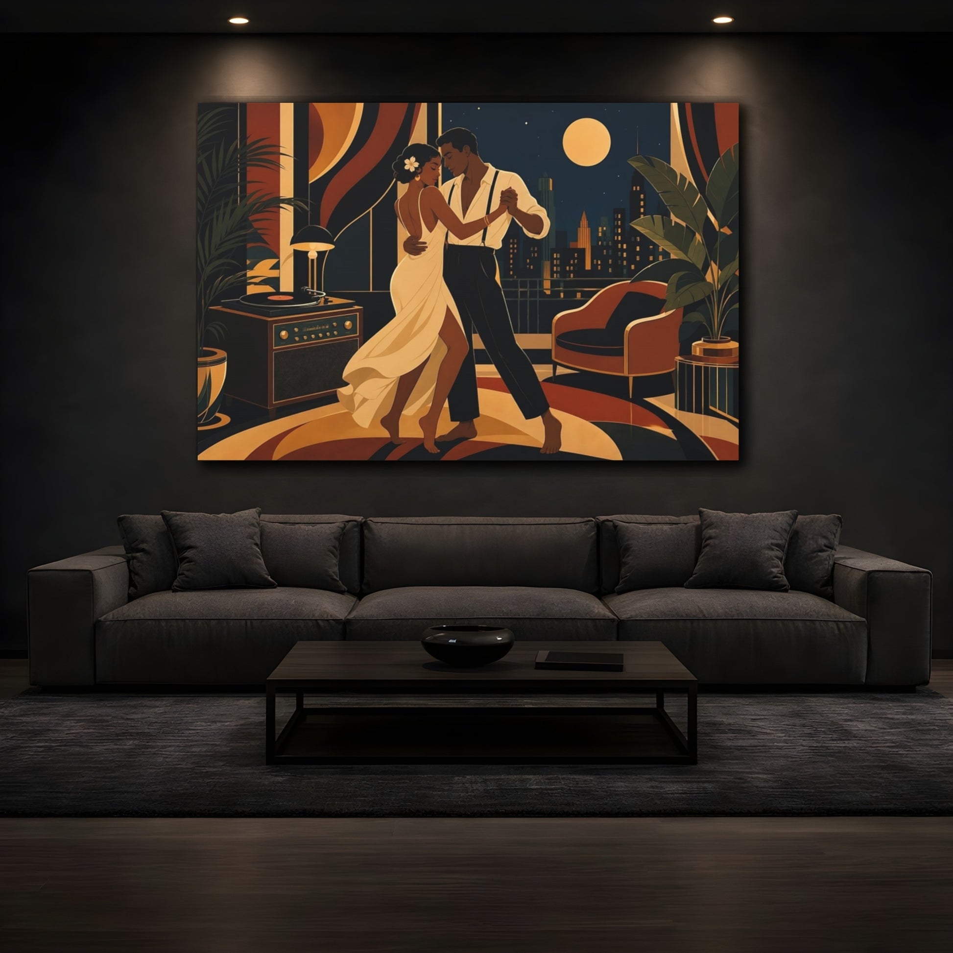 Mockup 3. Vintage Dancing Couple Art Deco Midnight Dance shown as canvas print