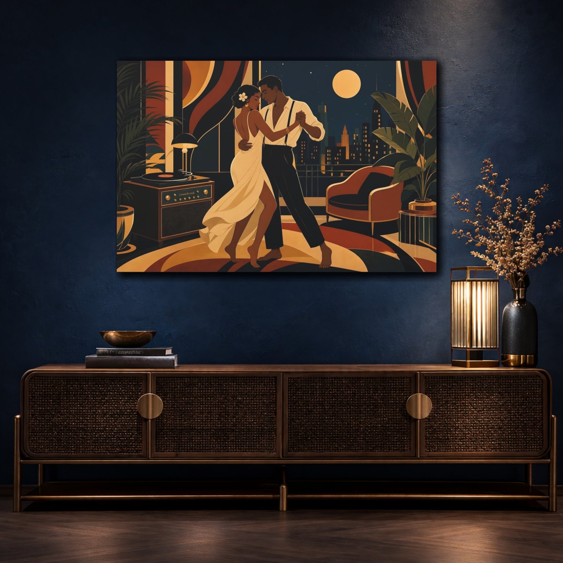 Mockup 4. Vintage Dancing Couple Art Deco Midnight Dance shown as canvas print