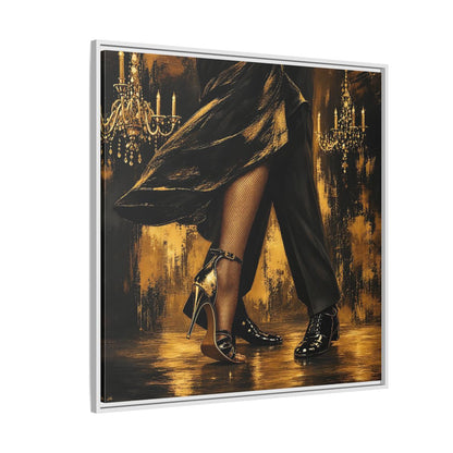 Side Mockup 4. Vintage Dancing Couple Black And Gold shown as framed canvas print