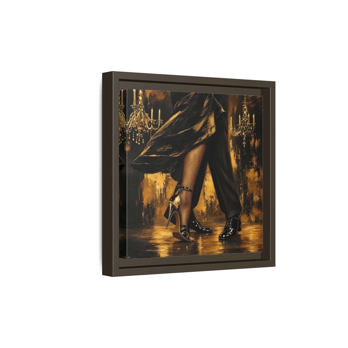 Side Mockup 20. Vintage Dancing Couple Black And Gold shown as framed canvas print