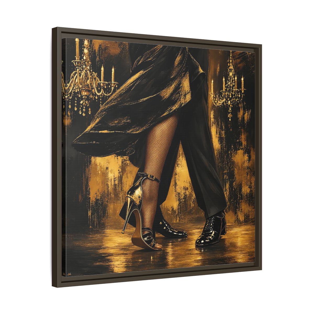 Side Mockup 27. Vintage Dancing Couple Black And Gold shown as framed canvas print