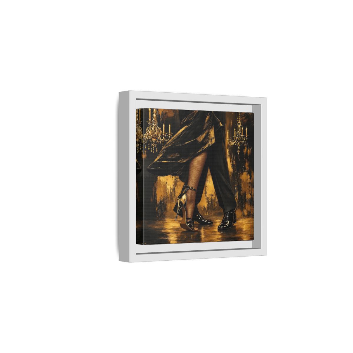Side Mockup 1. Vintage Dancing Couple Black And Gold shown as framed canvas print