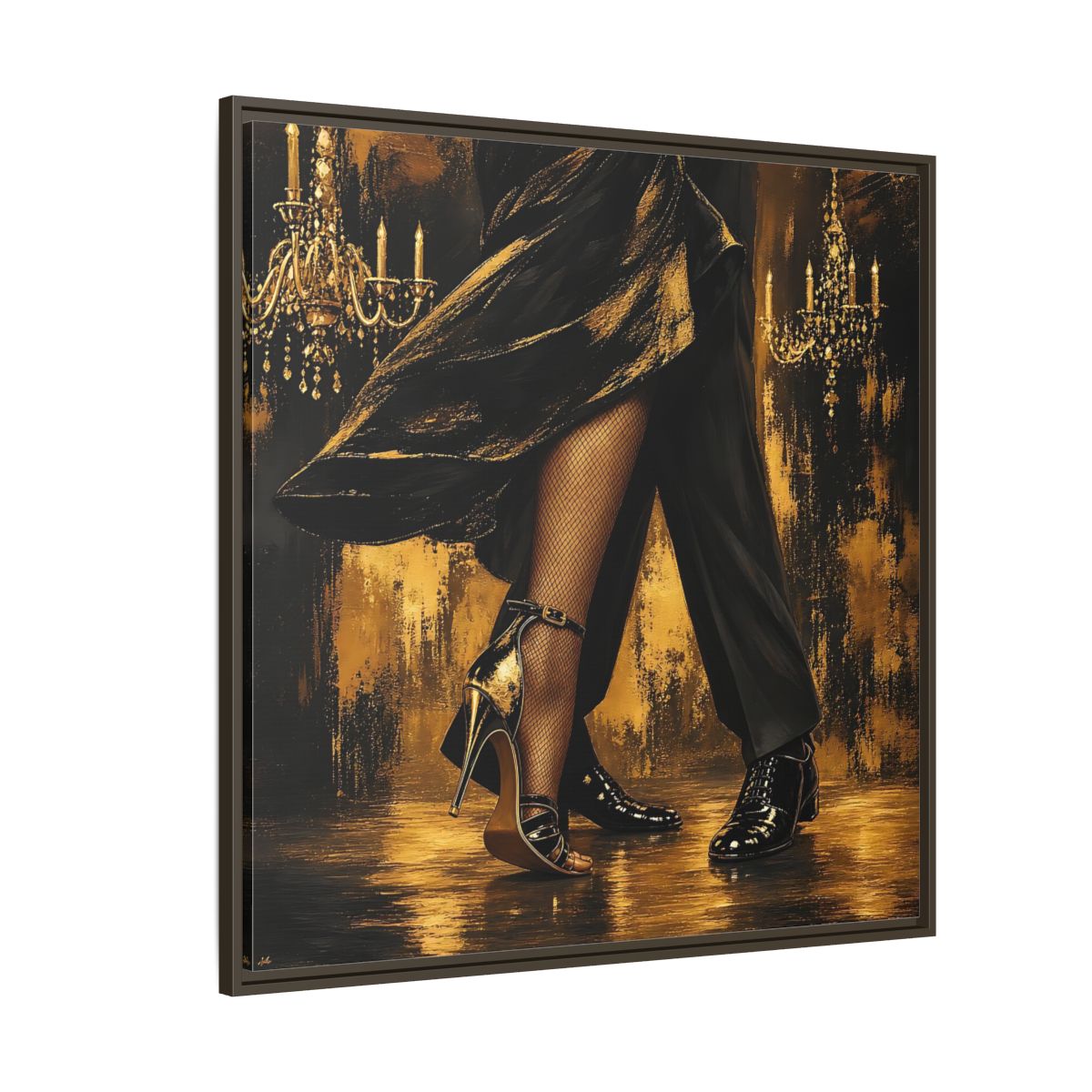 Side Mockup 5. Vintage Dancing Couple Black And Gold shown as framed canvas print