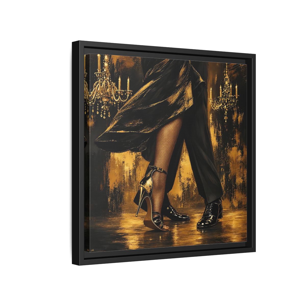 Side Mockup 15. Vintage Dancing Couple Black And Gold shown as framed canvas print