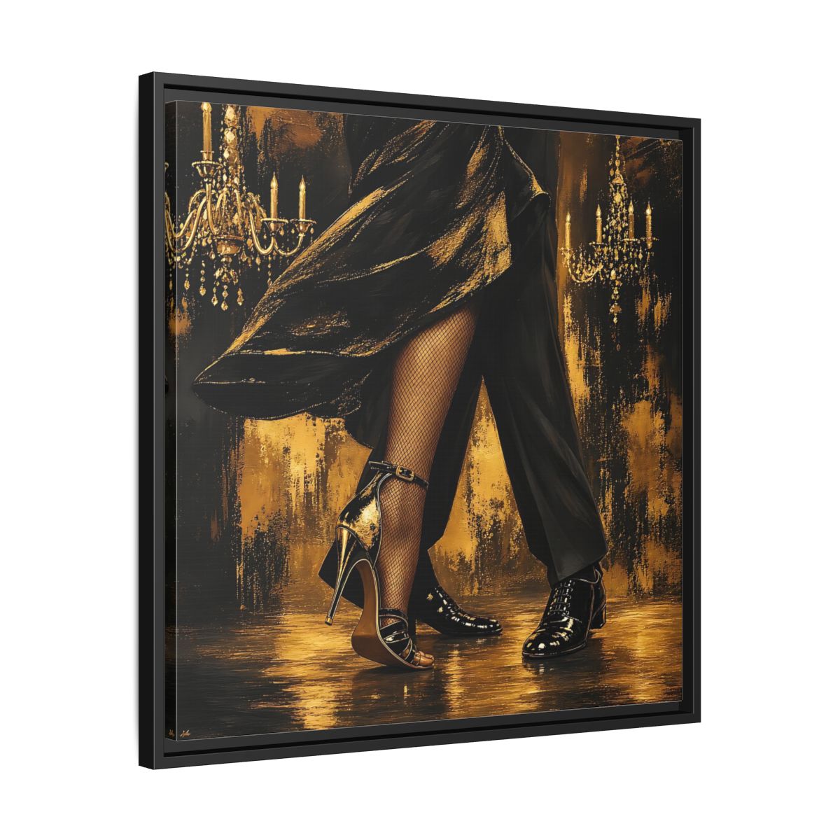 Side Mockup 31. Vintage Dancing Couple Black And Gold shown as framed canvas print