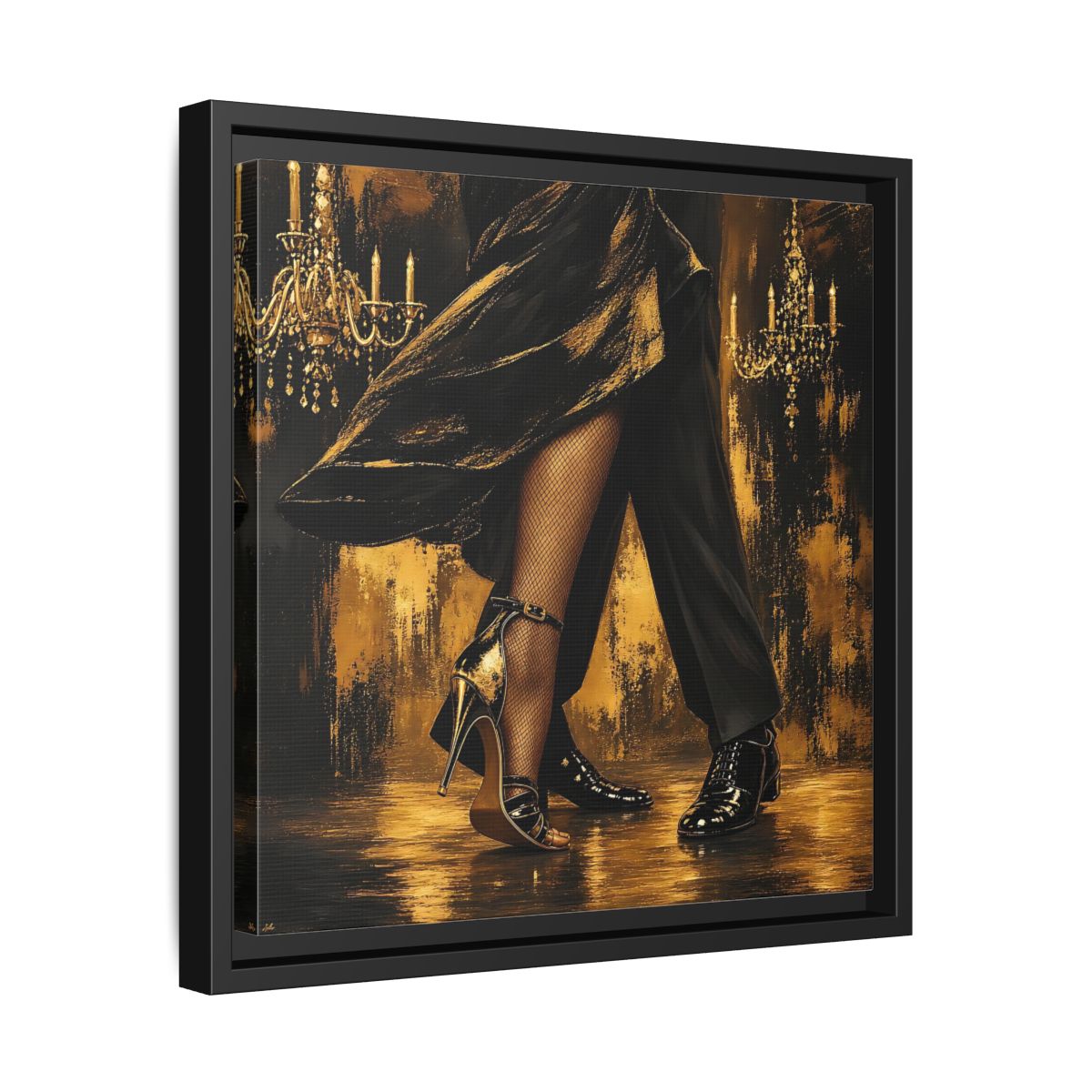Side Mockup 32. Vintage Dancing Couple Black And Gold shown as framed canvas print