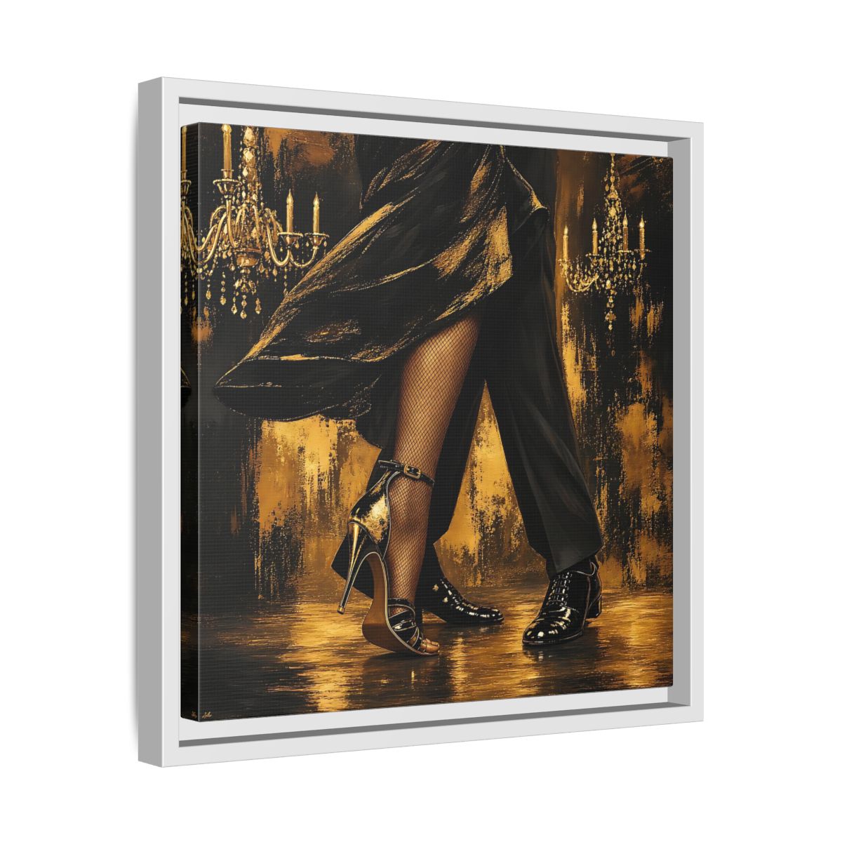 Side Mockup 28. Vintage Dancing Couple Black And Gold shown as framed canvas print