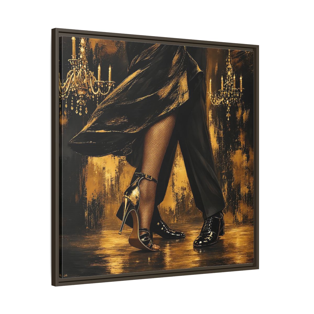 Main Mockup. Vintage Dancing Couple Black And Gold shown as framed canvas print