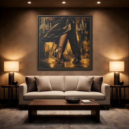 Mockup 2. Vintage Dancing Couple Black And Gold shown as framed canvas print