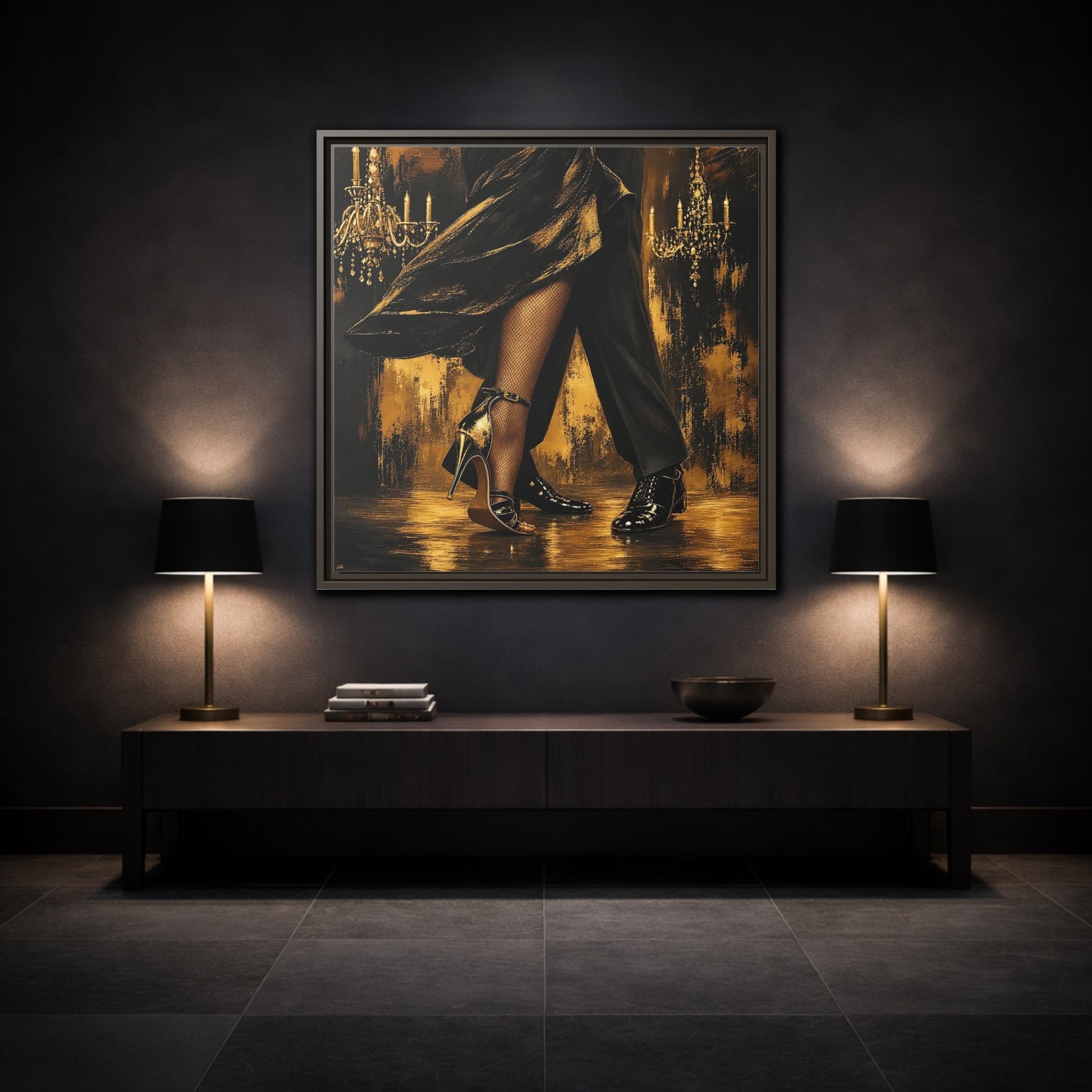 Mockup 3. Vintage Dancing Couple Black And Gold shown as framed canvas print