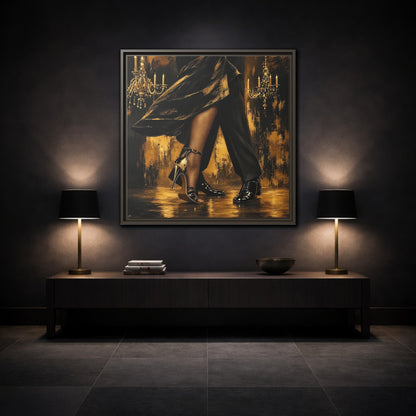 Mockup 3. Vintage Dancing Couple Black And Gold shown as framed canvas print