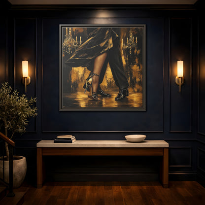 Mockup 4. Vintage Dancing Couple Black And Gold shown as framed canvas print
