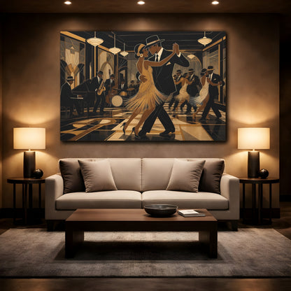 Mockup 2. Vintage Dancing Couple Black Gold Dance shown as canvas print