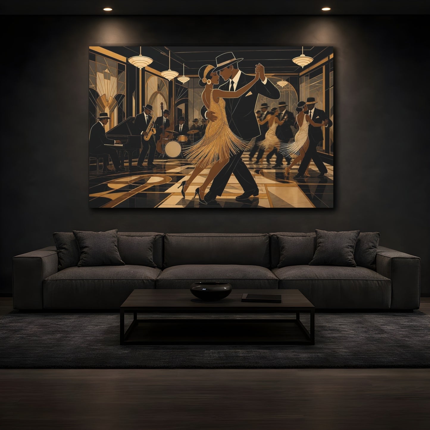 Mockup 3. Vintage Dancing Couple Black Gold Dance shown as canvas print
