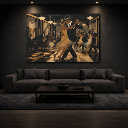 Mockup 3. Vintage Dancing Couple Black Gold Dance shown as canvas print