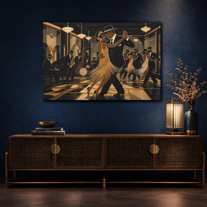 Mockup 4. Vintage Dancing Couple Black Gold Dance shown as canvas print