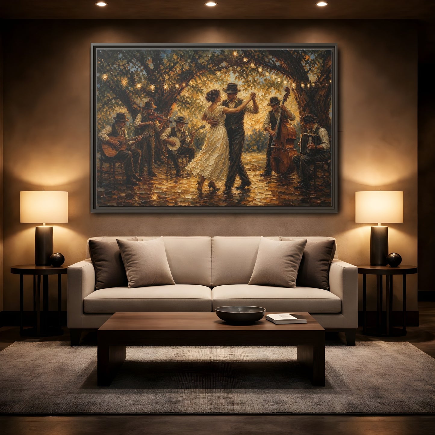 Mockup 2. Vintage Dancing Couple Dancing Party shown as framed canvas print