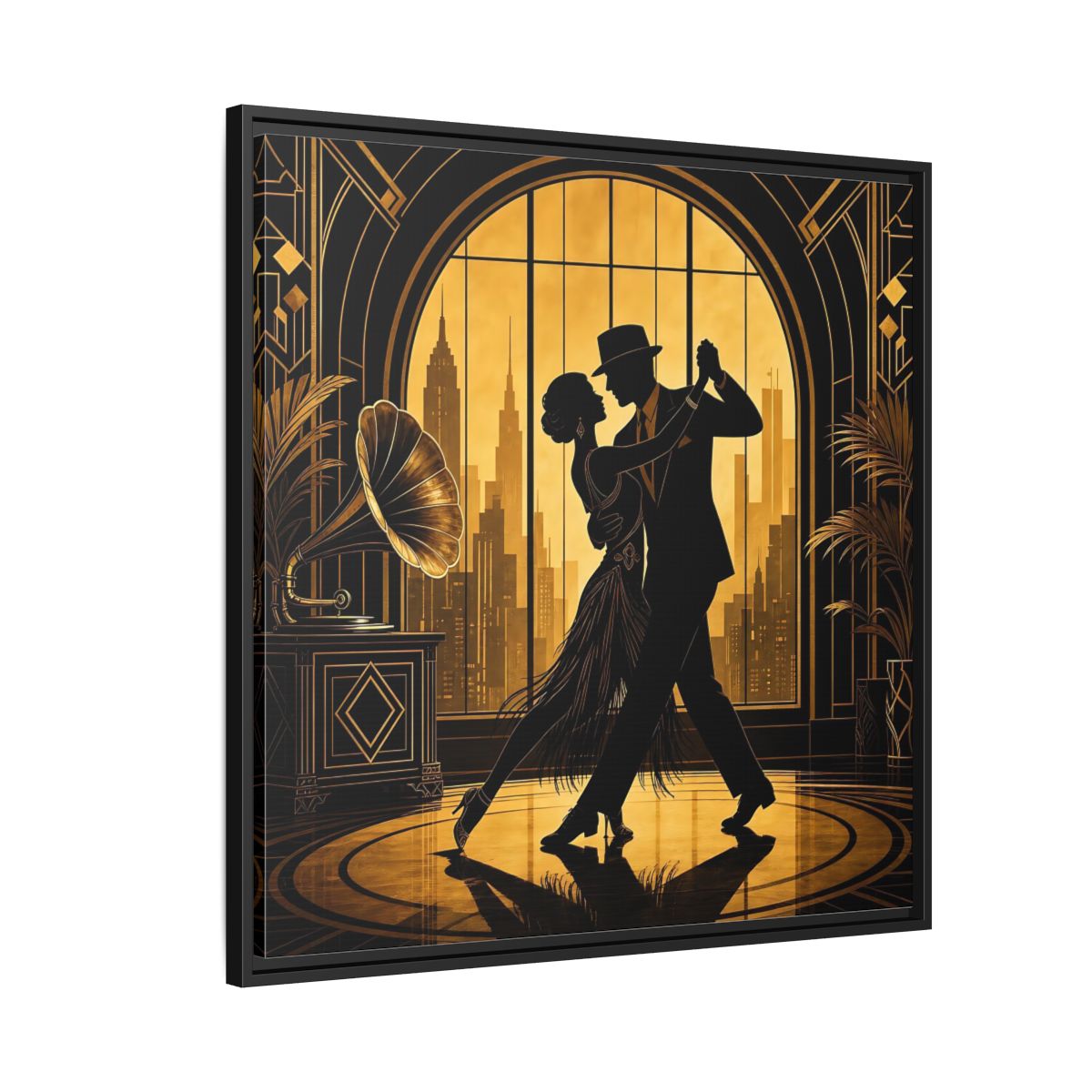 Side Mockup 9. Vintage Dancing Couple Gold And Black shown as framed canvas print