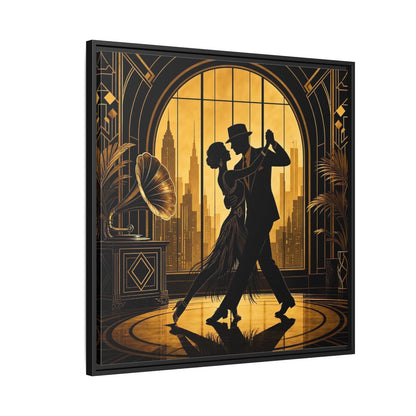 Side Mockup 9. Vintage Dancing Couple Gold And Black shown as framed canvas print