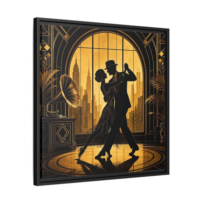 Side Mockup 31. Vintage Dancing Couple Gold And Black shown as framed canvas print