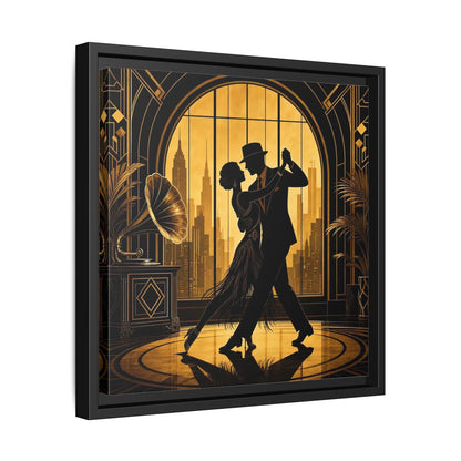 Side Mockup 32. Vintage Dancing Couple Gold And Black shown as framed canvas print