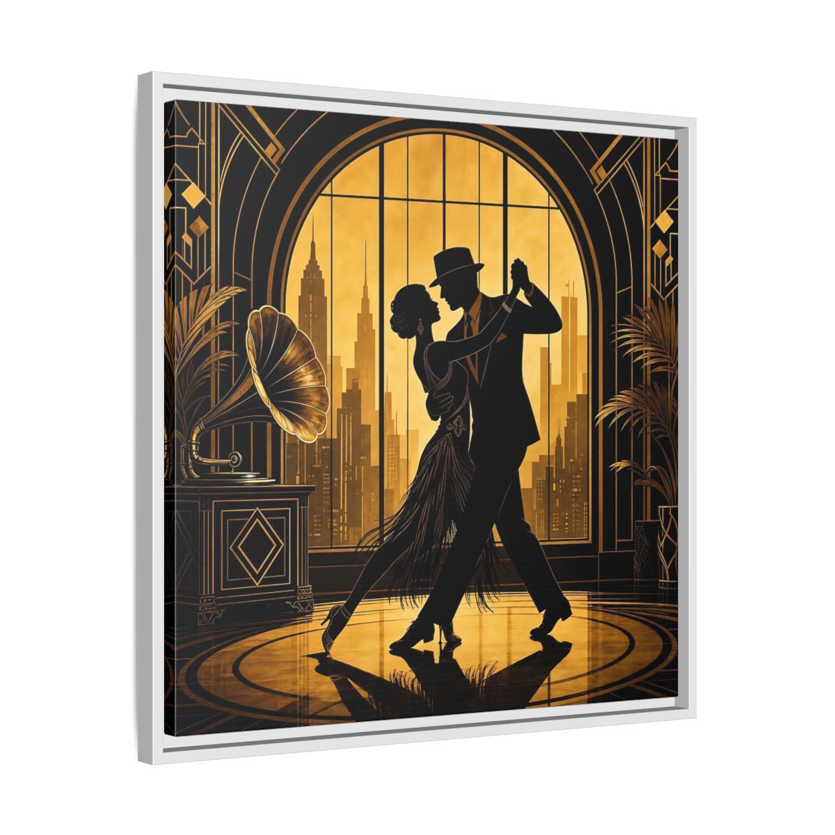 Side Mockup 26. Vintage Dancing Couple Gold And Black shown as framed canvas print