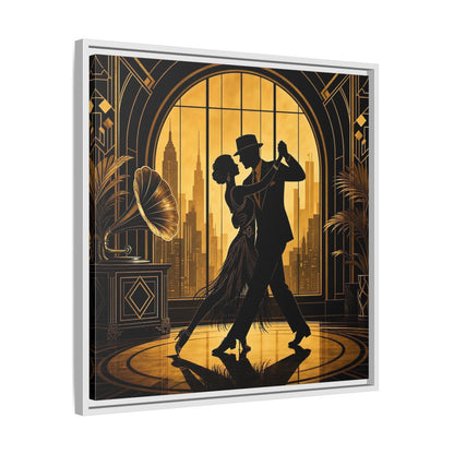 Side Mockup 26. Vintage Dancing Couple Gold And Black shown as framed canvas print