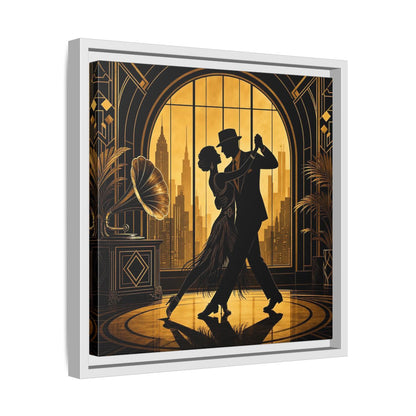 Side Mockup 28. Vintage Dancing Couple Gold And Black shown as framed canvas print