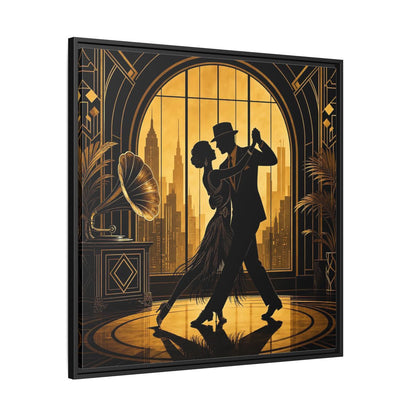 Side Mockup 30. Vintage Dancing Couple Gold And Black shown as framed canvas print