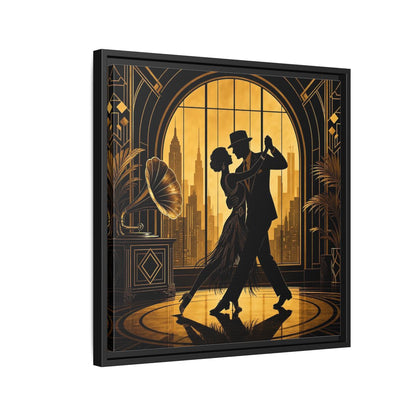 Side Mockup 12. Vintage Dancing Couple Gold And Black shown as framed canvas print