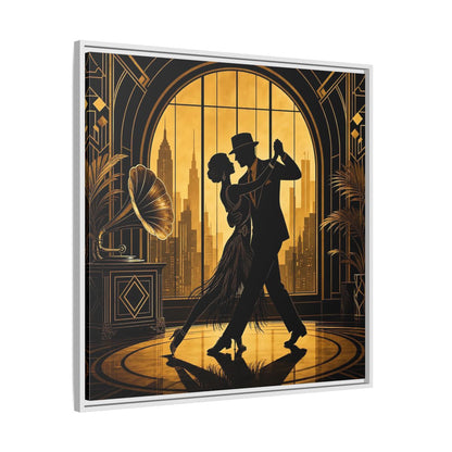 Side Mockup 25. Vintage Dancing Couple Gold And Black shown as framed canvas print