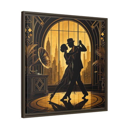 Side Mockup 27. Vintage Dancing Couple Gold And Black shown as framed canvas print