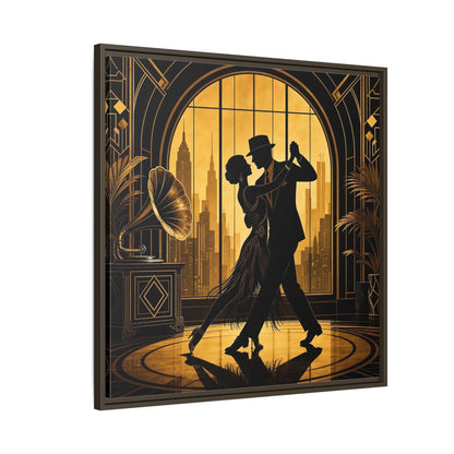 Side Mockup 8. Vintage Dancing Couple Gold And Black shown as framed canvas print