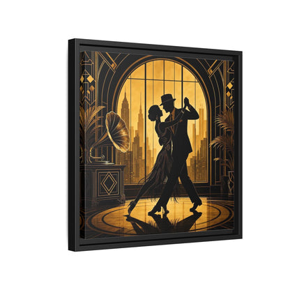 Side Mockup 15. Vintage Dancing Couple Gold And Black shown as framed canvas print