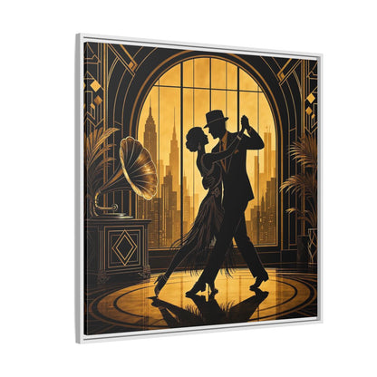 Side Mockup 4. Vintage Dancing Couple Gold And Black shown as framed canvas print