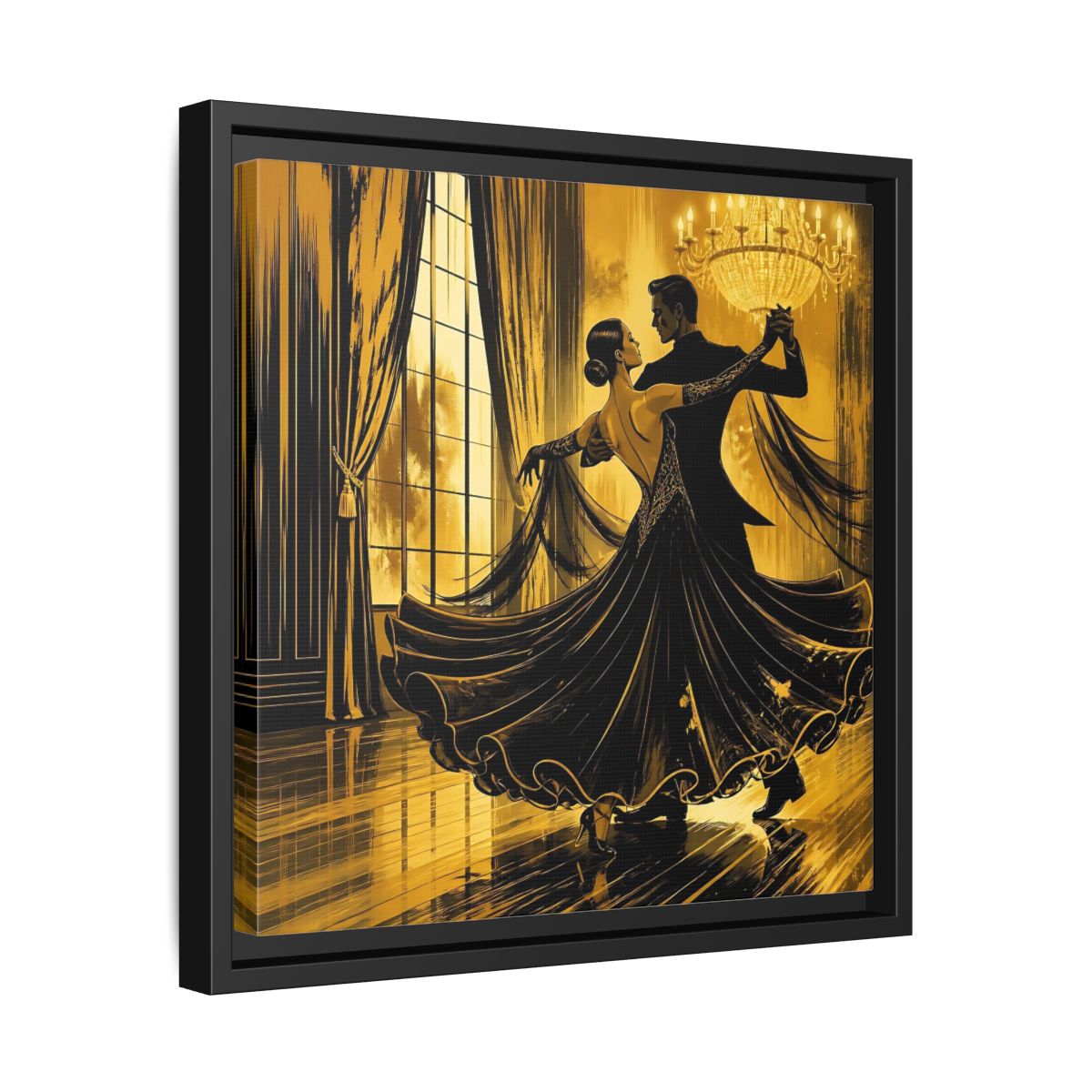 Side Mockup 32. Vintage Dancing Couple Gold And Black shown as framed canvas print