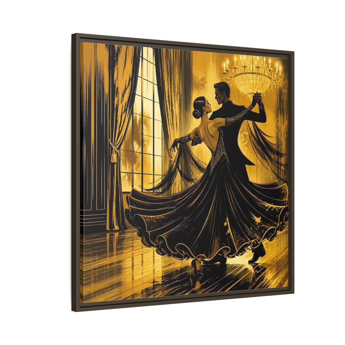 Side Mockup 8. Vintage Dancing Couple Gold And Black shown as framed canvas print