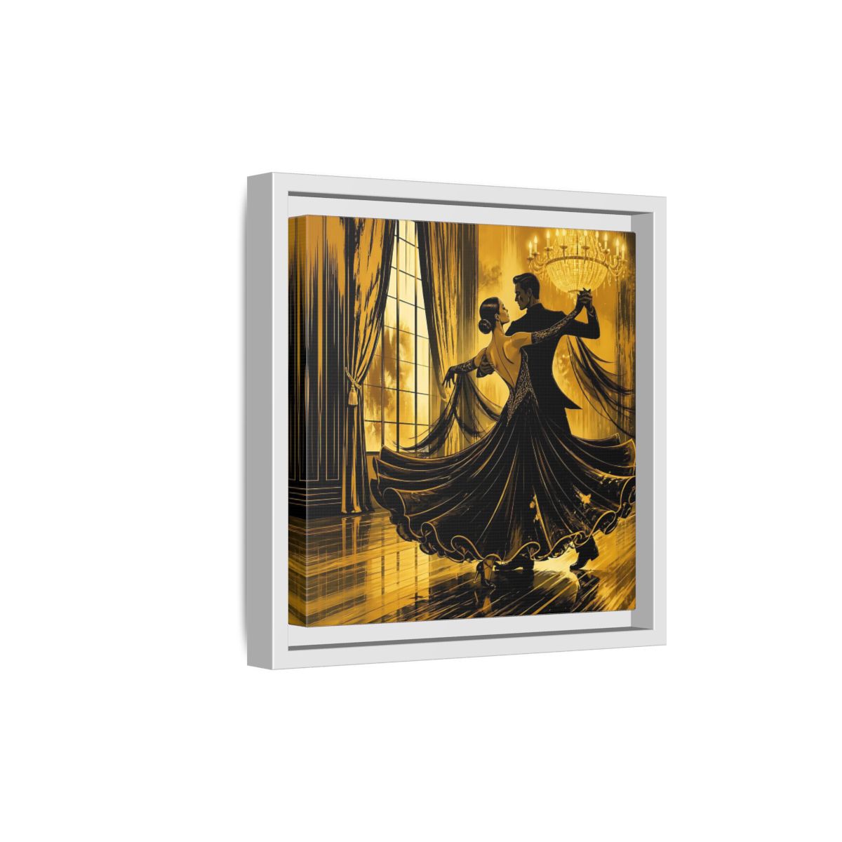 Side Mockup 19. Vintage Dancing Couple Gold And Black shown as framed canvas print