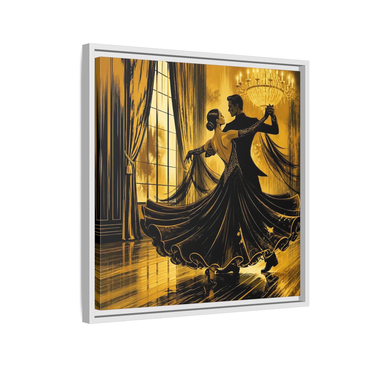 Side Mockup 10. Vintage Dancing Couple Gold And Black shown as framed canvas print