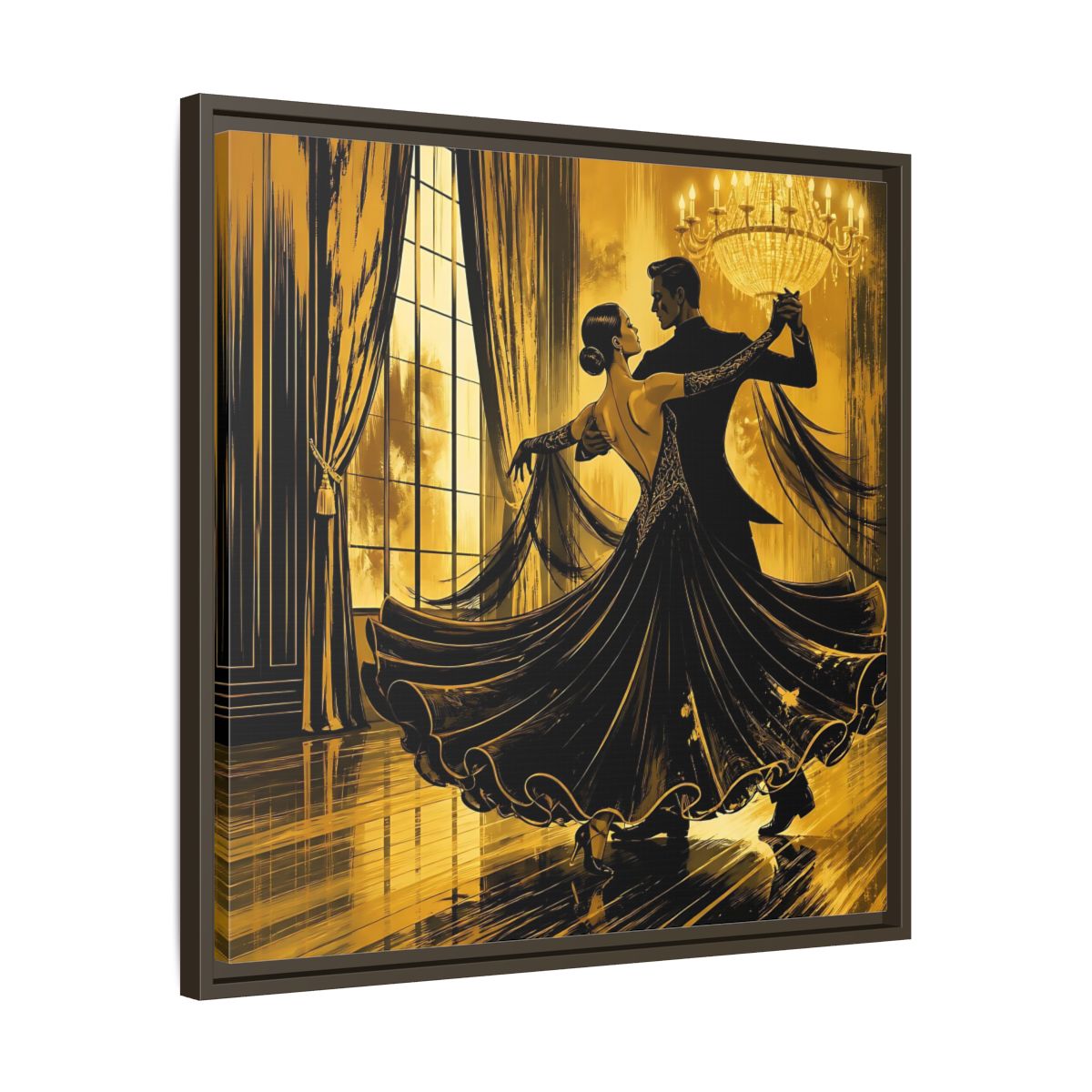 Side Mockup 27. Vintage Dancing Couple Gold And Black shown as framed canvas print