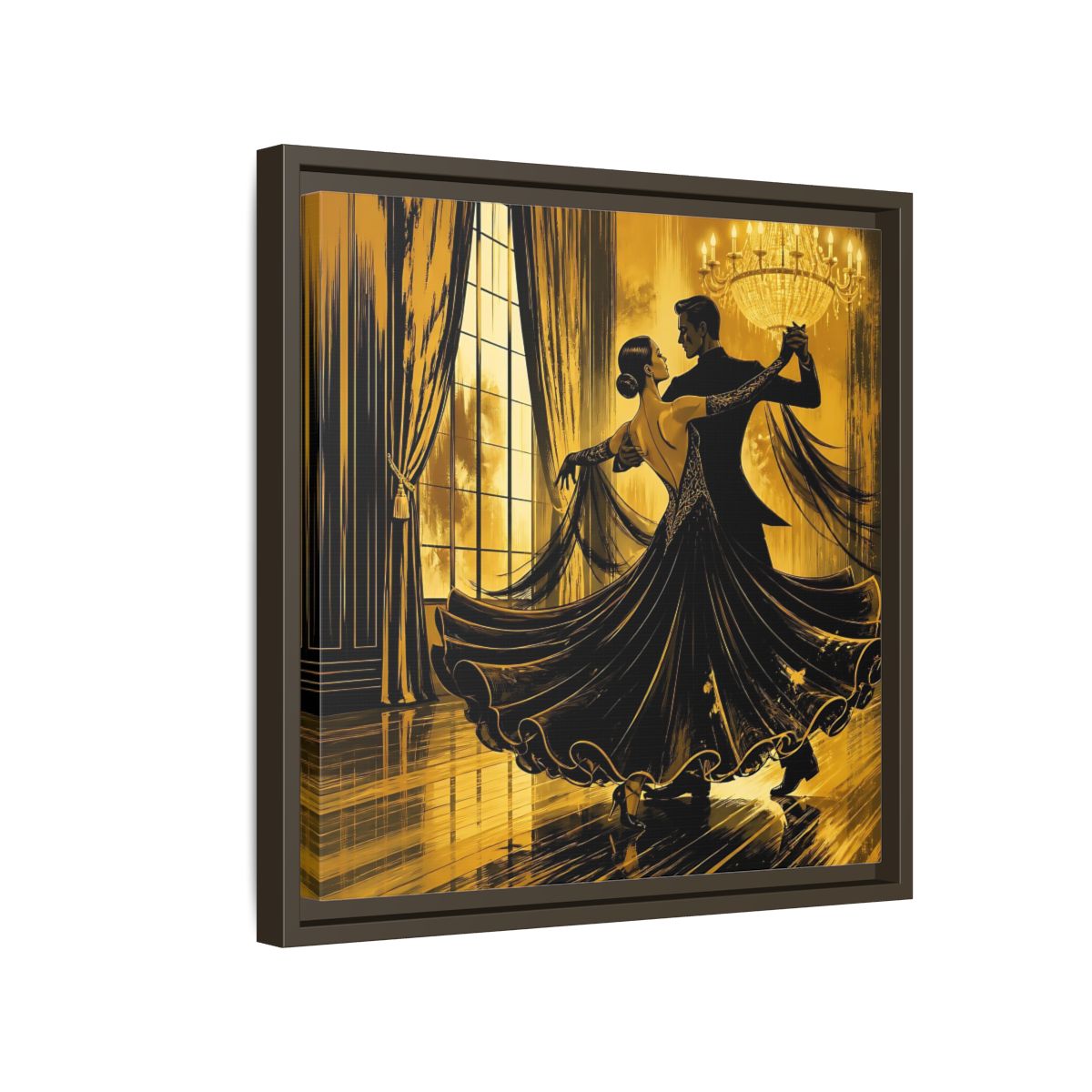 Side Mockup 14. Vintage Dancing Couple Gold And Black shown as framed canvas print