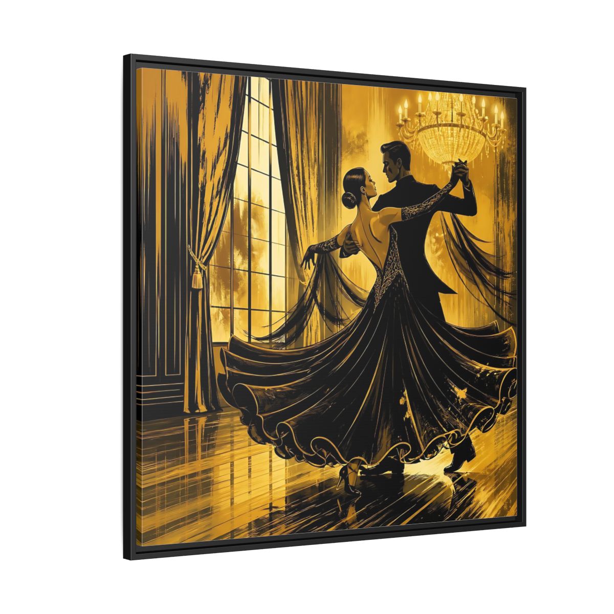 Side Mockup 6. Vintage Dancing Couple Gold And Black shown as framed canvas print