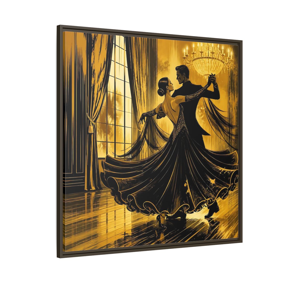 Side Mockup 5. Vintage Dancing Couple Gold And Black shown as framed canvas print